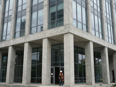 Close-up ground-level shot of a completed commercial office building facade, structural concrete columns and glazed curtain wall panels visible in natural overcast daylight, a hard-hat worker standing at the entrance for scale