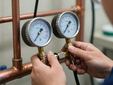 Close-up of technician hands measuring system pressure with diagnostic gauges on copper pipes, clear utility lighting