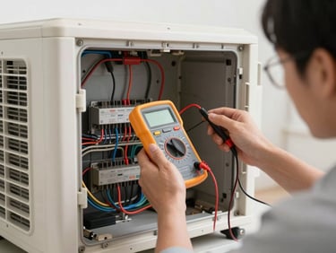Technician using a digital multimeter to check electrical connections inside an open AC unit, clear indoor lighting