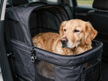 A calm golden retriever resting comfortably in a premium, secure vehicle pet travel setup, soft side light