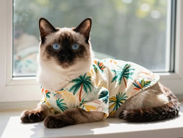 A beautiful long-haired Siamese cat wearing a soft cotton shirt with a tropical print, lounging on a sunny windowsill