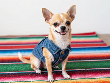 A happy chihuahua wearing a tiny custom-made denim vest, sitting on a colorful Mexican rug, looking alert