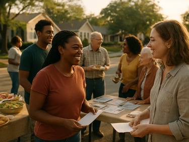 Warm editorial photography of a neighborhood gathering with tables of shared food and resource flyers, genuine happy interactions, golden-hour light, 35mm film style