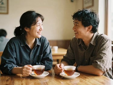 Warm editorial photography of two people sitting side-by-side at a wooden table, talking warmly over tea in a soft-lit community room, 35mm film style
