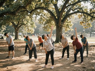 Warm editorial photography of an outdoor group of diverse adults stretching gently under the shade of oak trees in a public park, soft morning light, 35mm film style