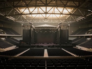 Dramatic low-key wide shot from behind a massive stage looking out at an empty arena, structural steel beams, golden backlighting, hazy atmosphere