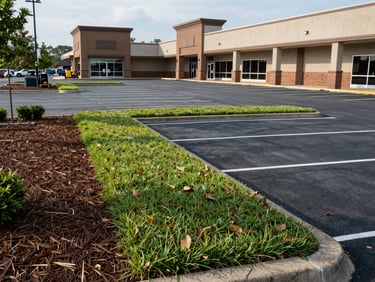 Wide shot of a commercial strip mall parking lot in Columbus Georgia with freshly edged lawn strips and clean mulch beds along the building facade, natural daylight, crew equipment visible at the far edge