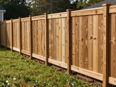 Finished wooden privacy fence line running along the perimeter of a Columbus Georgia residential yard, pressure-treated posts perfectly plumb, green lawn visible on the near side, wide shot showing full fence run in afternoon light
