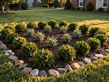Wide environmental shot of a Columbus Georgia yard with freshly installed landscape beds, river rock borders, ornamental shrubs in neat rows, golden afternoon light, green lawn in the background