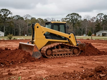 Skid steer grading a residential yard in Columbus Georgia, fresh red clay earth turned and leveled, machine tracks visible in the soil, wide shot showing the scope of the graded area under overcast daylight