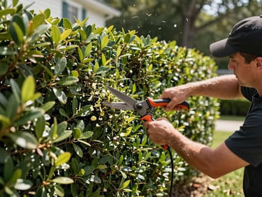 Crew member trimming overgrown boxwood hedges with commercial shears at a Columbus Georgia property, clippings falling, green foliage filling the frame, bright natural daylight