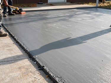 Ground-level documentary shot of a concrete driveway apron freshly poured and edged in Columbus Georgia, a crew member's work boots visible at the left edge, tools resting nearby, morning light casting long shadows across the smooth surface