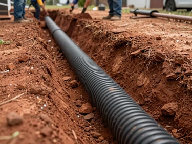 Drainage trench with corrugated pipe being installed in a Columbus Georgia yard, crew placing pipe sections, red clay soil on either side, wide environmental shot showing the slope and drainage path