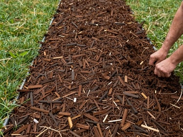 Detail shot of freshly laid dark brown mulch in a landscape bed, clean straight edge against green lawn, natural daylight, hands tamping mulch into place visible at the right edge