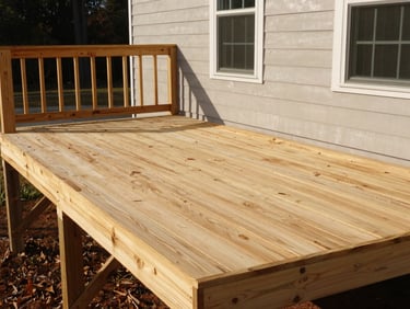 Wide shot of a newly built pressure-treated wood deck attached to the back of a Columbus Georgia home, clean framing visible, natural wood grain, late afternoon light casting long shadows across the decking boards