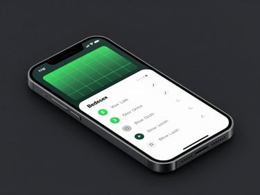 Sleek isometric 3D render of a futuristic mobile device showcasing a clean UI dashboard with neon green grids, dark tech aesthetic, sharp focus, octane render