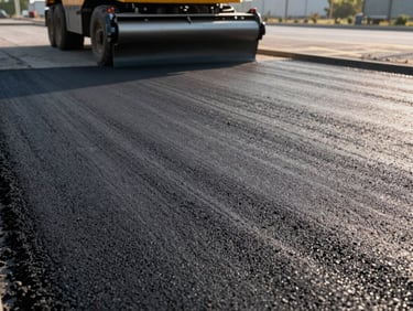 Close-up of freshly laid asphalt pavement surface with a grading machine visible in the background, early morning daylight raking across the textured surface showing material quality and compaction, site markings visible on the ground