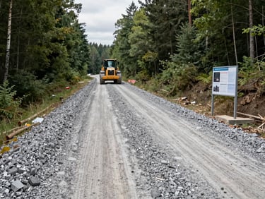Wide shot of a gravel haul road under construction cutting through a forested site, compacted aggregate base visible, loader at mid-distance, overcast daylight, site documentation board visible at roadside