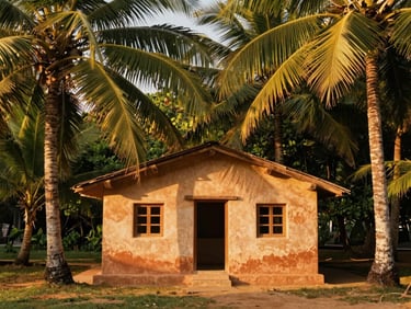 A simple rustic cottage exterior surrounded by tall coconut palms and lush green foliage, warm golden hour light.