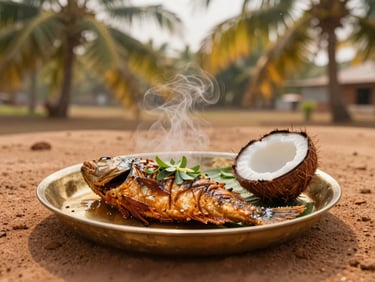 A steaming traditional Konkani fish thali served on a brass plate, fresh coconut garnishes, warm rustic dining setting.