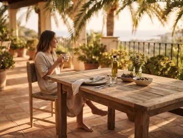 Warm editorial photography of a wooden table on a sun-dappled veranda, golden-hour sunlight filtering through palm trees, terracotta floor tiles, shallow depth of field.