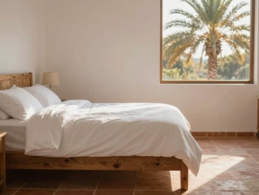 Minimalist clean bedroom with crisp white linens, rustic wooden furniture, terracotta floor tiles, soft morning light filtering through a window.