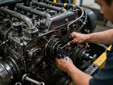 Close-up of mechanic hands with grease repairing a massive heavy truck engine, tools scattered, dramatic high-contrast industrial lighting