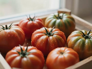 Close-up macro shot of vibrant seasonal heirloom tomatoes in a wooden crate, soft morning daylight, rich earthy tones.