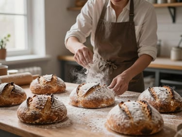 A baker dusting flour over fresh sourdough loaves in a warm-lit artisanal kitchen, cozy scandinavian aesthetic.