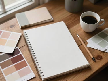 Overhead flat-lay of a creative planning session on a wooden desk, sketchbooks, color swatches of rich earthy tones, and a cup of black coffee, soft natural daylight.