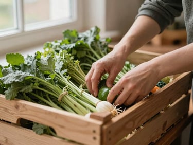 Hands carefully arranging fresh organic vegetables in a wooden crate at a morning harvest market, cozy Scandinavian aesthetic.
