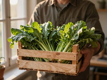 A local farmer holding a crate of freshly harvested organic greens in the golden morning light, dew visible on the leaves.