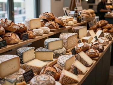 An overhead view of a bustling modern food market stall, curated specialty cheeses and artisanal breads beautifully arranged.
