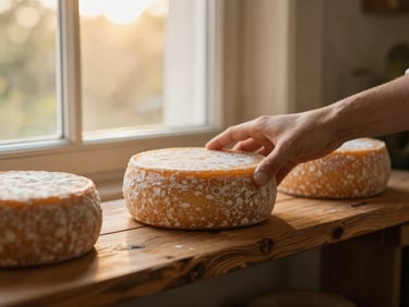 A hand placing a wheel of artisanal cheese onto a rustic wooden shelf, warm golden-hour window light.