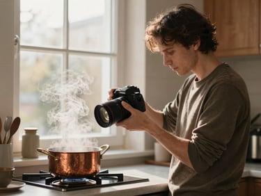 A professional photographer adjusting a lens, warm kitchen background with steam rising from a copper pot, soft natural window light.