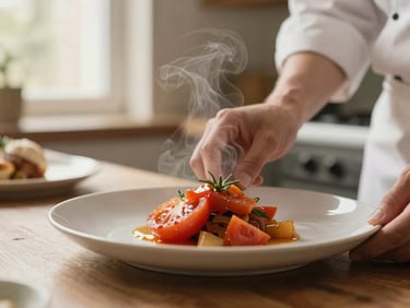 Close-up of a chef's hands plating a vibrant heirloom tomato dish in a warm-lit kitchen, soft steam rising, shallow depth of field.