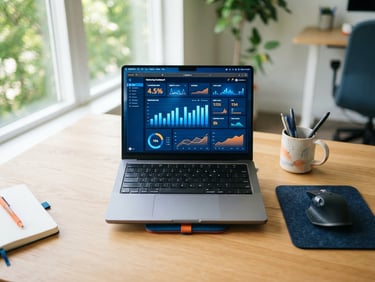 Overhead shot of a clean modern tech workspace with a laptop displaying a marketing dashboard, bright natural window light, subtle orange and blue accents.