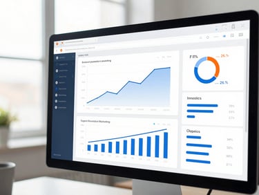 A close-up of a modern digital marketing dashboard on a monitor, displaying clean UI graphs, revenue charts, and attribution percentages under bright natural office light