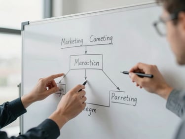 Hands collaborating over a physical whiteboard with local marketing campaign architecture, bright natural overcast daylight, sharp focus, 35mm lens