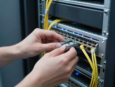 Close-up of technician's hands neatly organizing network cables in a server rack, cool LED lighting, sharp focus.