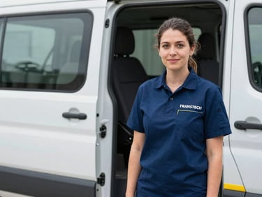 Portrait of a female IT professional, Sarah Johnson, in a branded TRANSTECH uniform, standing beside a service vehicle in Elizabeth, natural daylight, sharp focus, 35mm lens