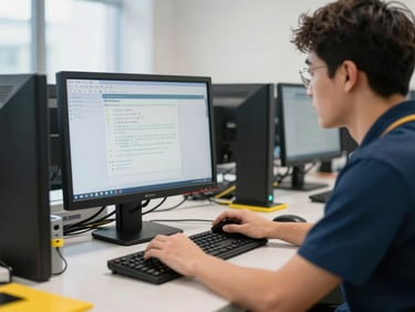 Technician using diagnostic tools on a desktop computer in a business office, focused on the screen, natural lighting.