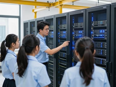 Instructor guiding a small group of students around a server rack in a classroom, cool LED lighting.