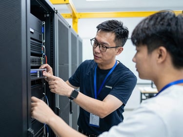Portrait of a focused male instructor, Michael Chen, guiding a student through a server rack, cool LED light, sharp focus, 35mm lens