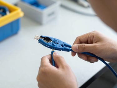Close-up of student hands crimping an ethernet cable in a lab, focused, natural daylight.