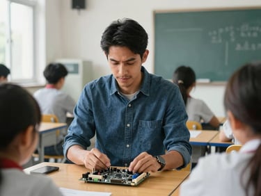 Portrait of a male instructor, David Rodriguez, demonstrating a motherboard component to students in a brightly lit classroom, natural daylight, sharp focus, 35mm lens
