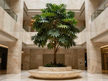A towering indoor tree in a custom stone planter within a high-end corporate atrium in DIFC, modern minimalist architecture.