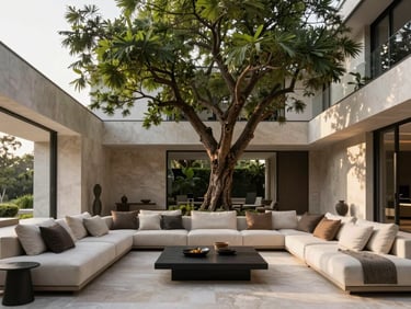 A minimalist luxury villa living room featuring a carefully positioned mature specimen tree, soft afternoon glow, architectural scale.