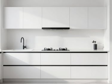 High-end minimalist modular kitchen in Ranchi, bright diffused natural daylight, white quartz countertops, matte black fixtures, 35mm
