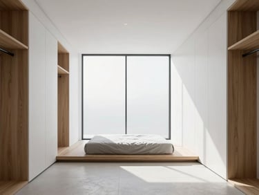 Minimalist bedroom with integrated oak closets, low platform bed, large glass window with diffused daylight, clean white walls, architectural shadows.